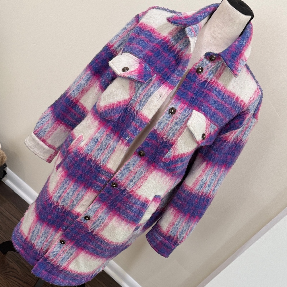 BlankNYC Plaid Long Coat in Pink and Purple Size M